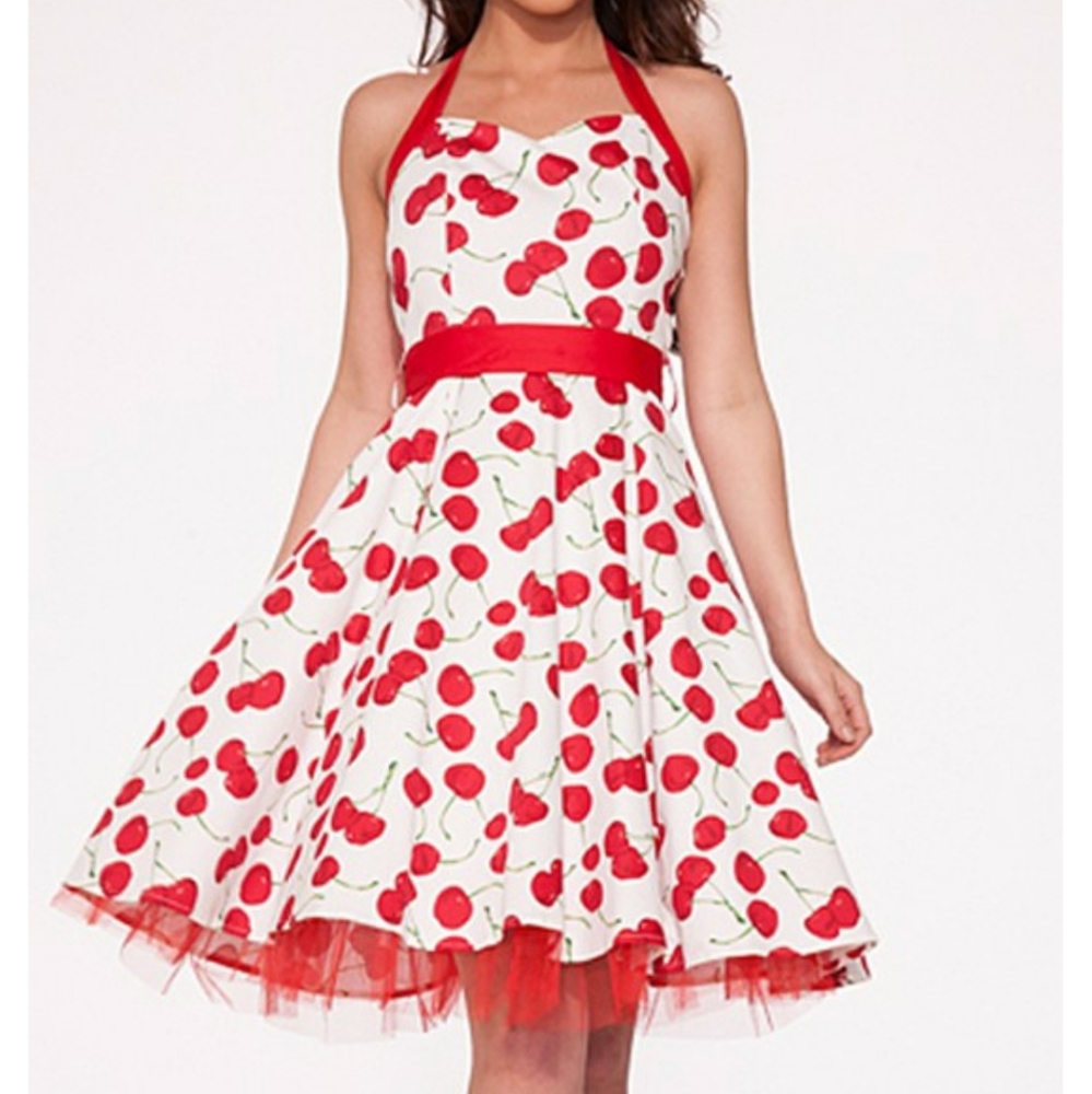 White red cherry halter womens dress photoshoot L